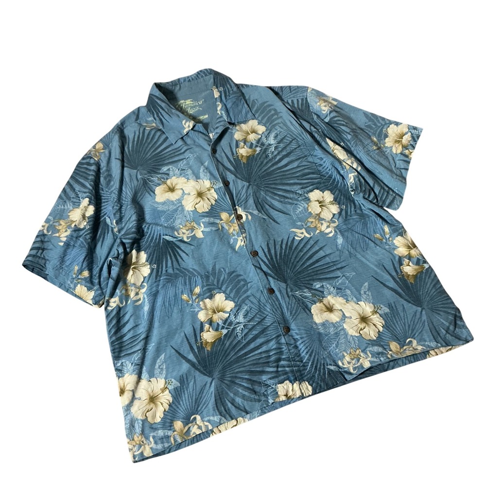 Jamaica Jaxx Tropical Silk Camp Shirt Mens XXL Blue Hibiscus Floral Aloha Button